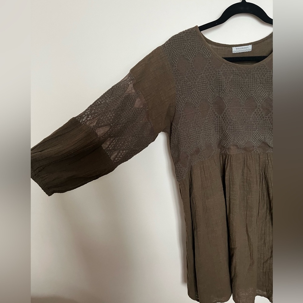 World Market oversized babydoll dress brown/olive green with lace detailing